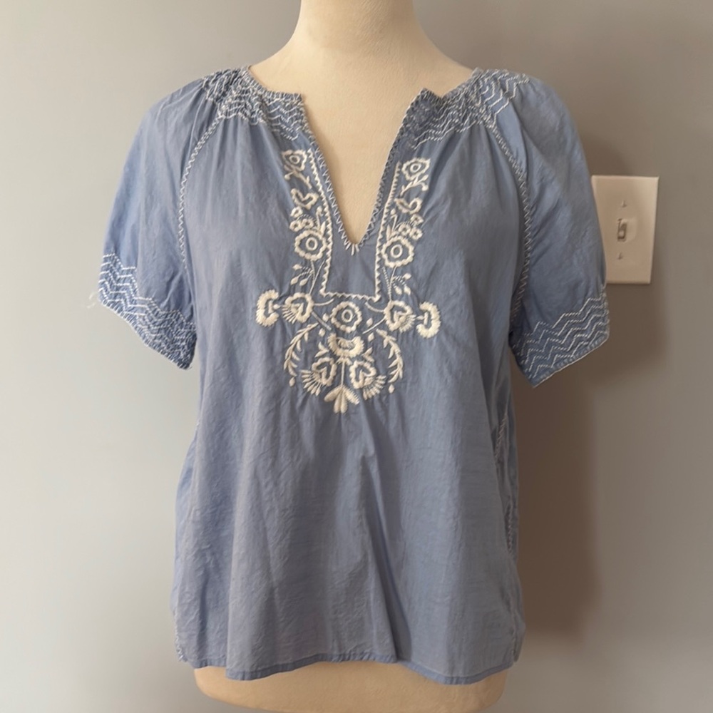 J. Crew Blue Puff Sleeve Embellished Blouse